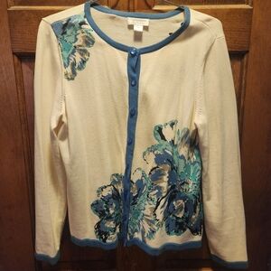 Floral Cardigan with Blue Trim